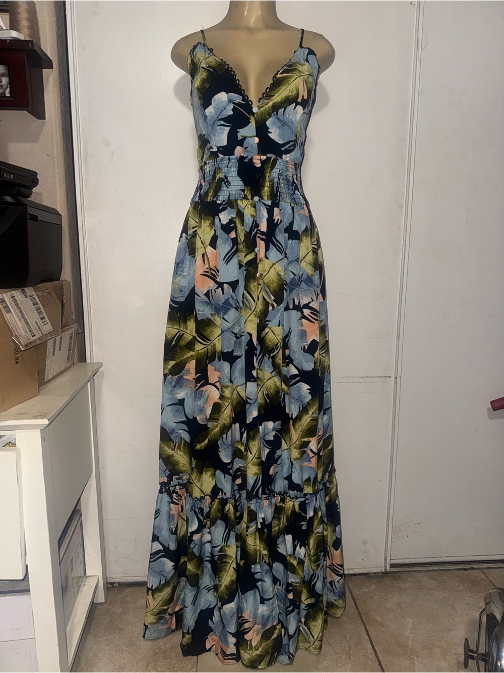Miss Avenue Tropical Leaf Print Maxi Dress - Blue, Green, Pink